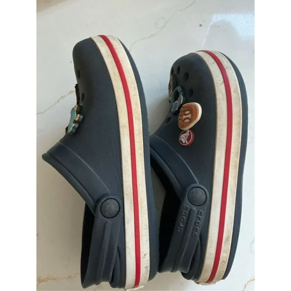Crocs Crocband Navy Red Sz J2 Rubber Clogs with Jibbitz
